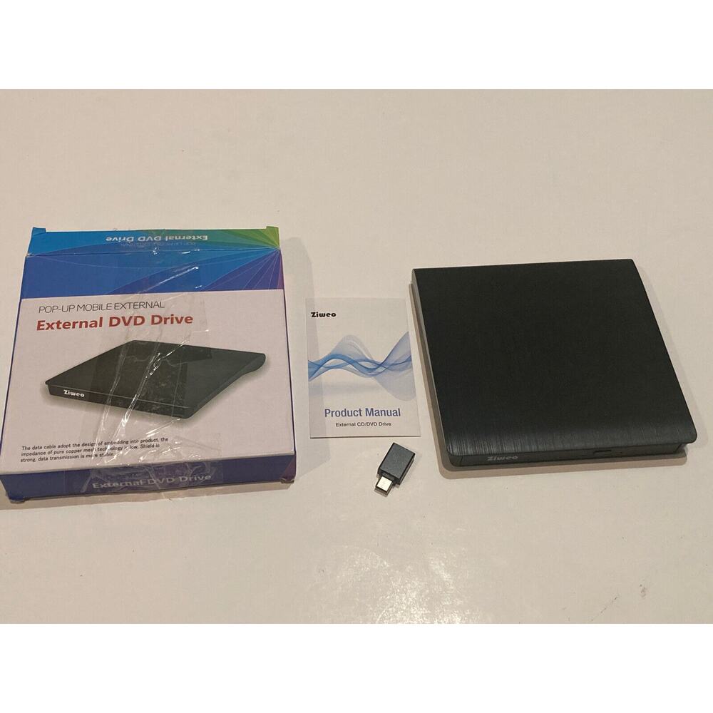 Ziweo Pop Up Mobile External DVD Drive LT801 With USB C Adapter Black